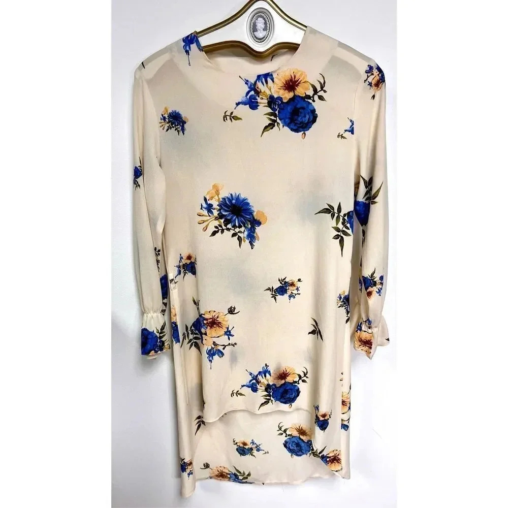 Edip Womens White‎ Blue Floral Print High Low Hem 3/4 Sleeves Midi Dress Size 40